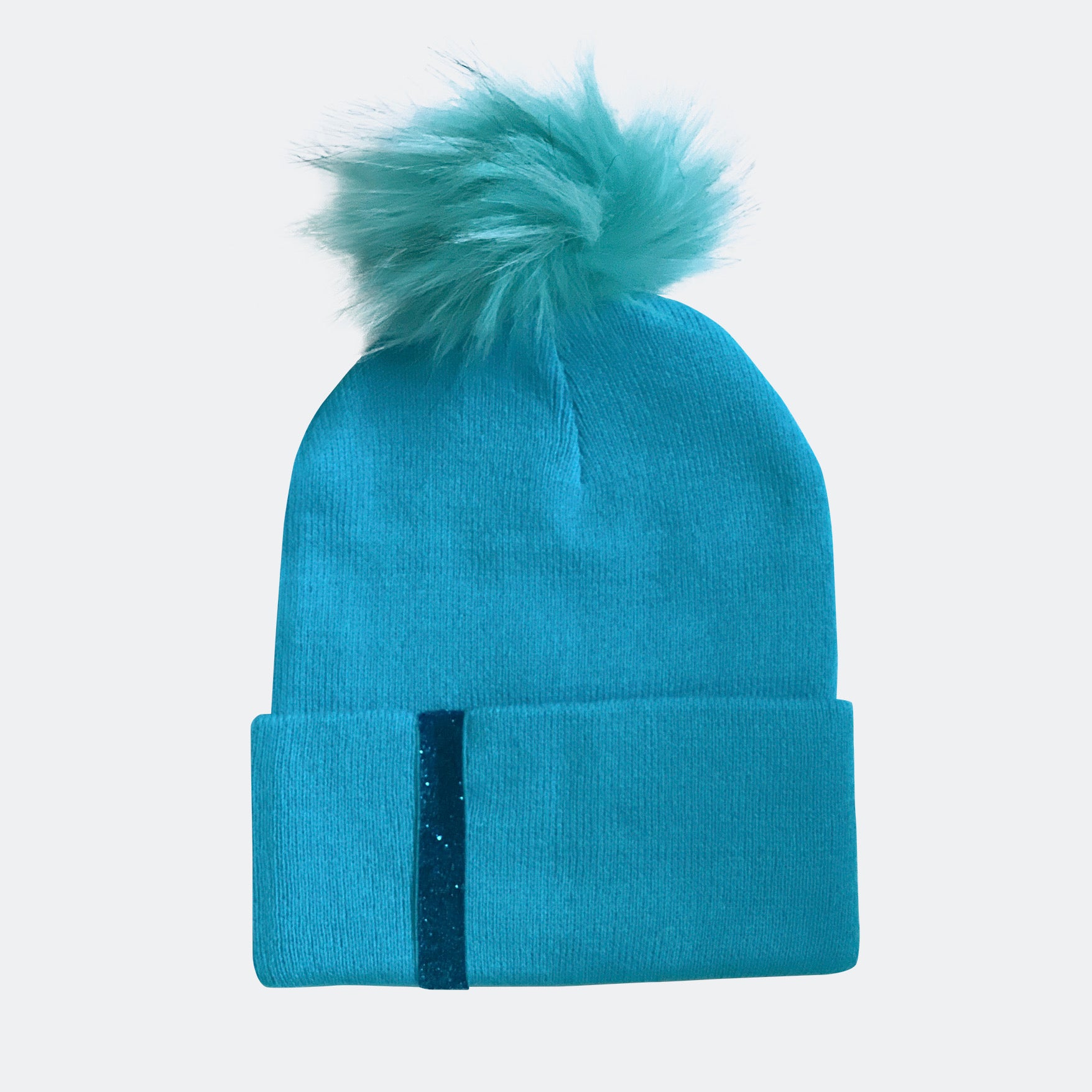 blue folder over beanie with blue pom pom